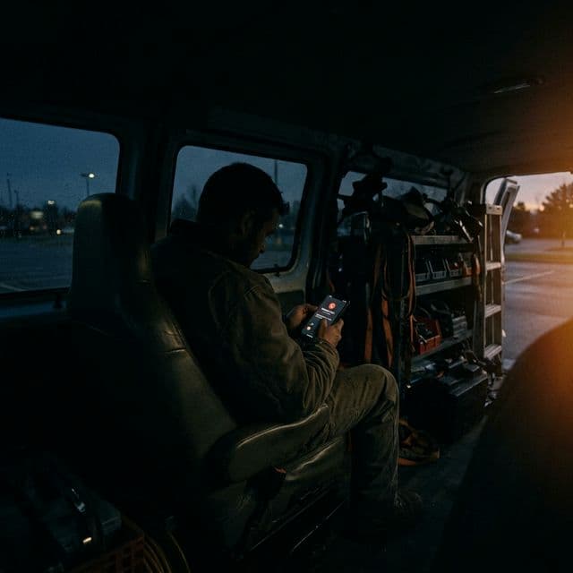 A service business owner in his work van at dusk, looking at a missed call notification on his phone — the moment revenue walks out the door.