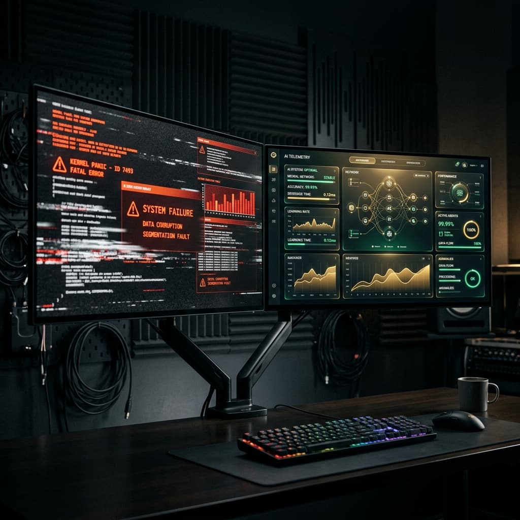 Cinematic representation of a multi-monitor diagnostic interface showing errors versus seamless gatekeeper integrations.