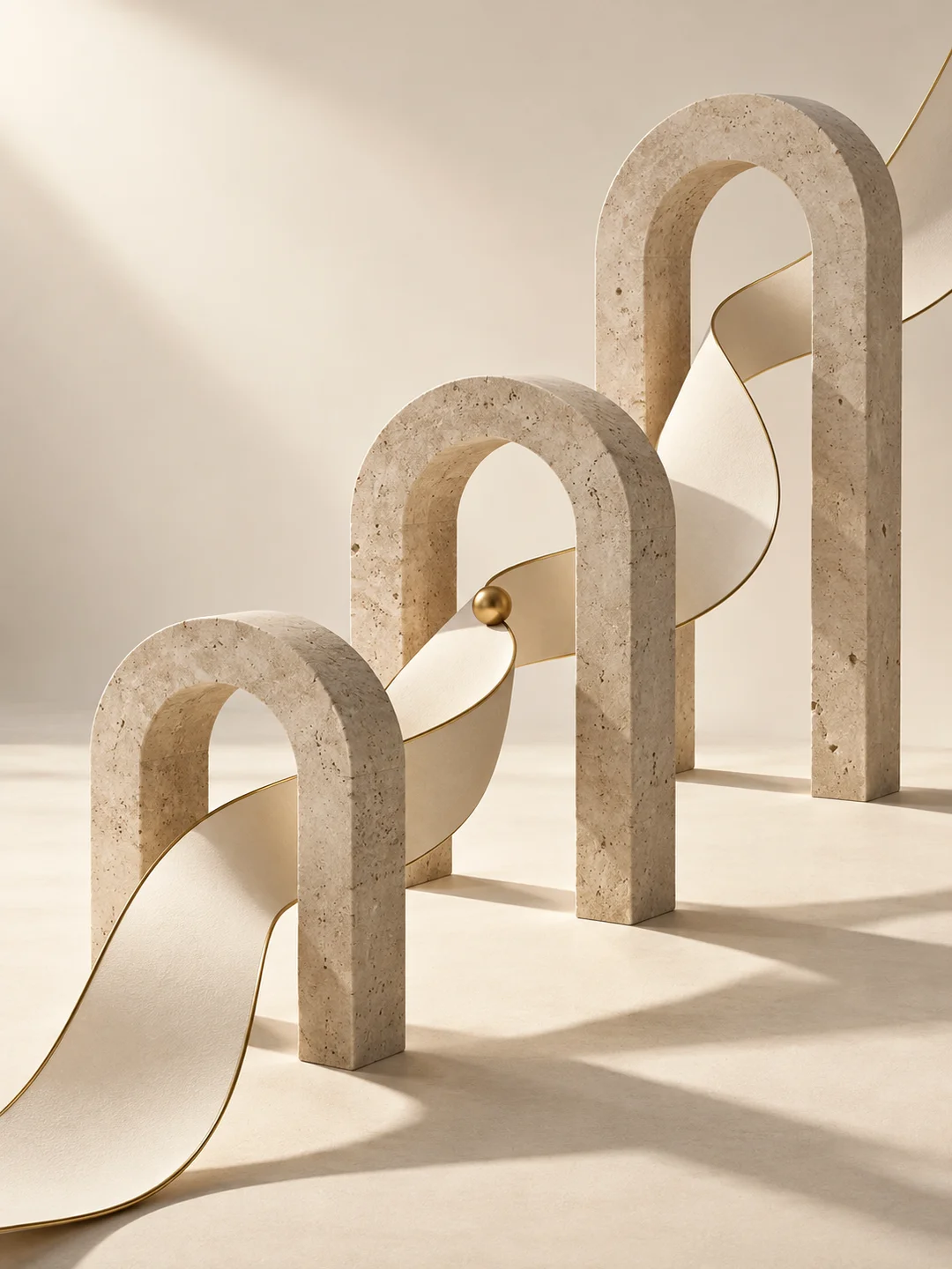 A continuous paper ribbon passes through three stone arches, connecting discovery, response and the work that follows.